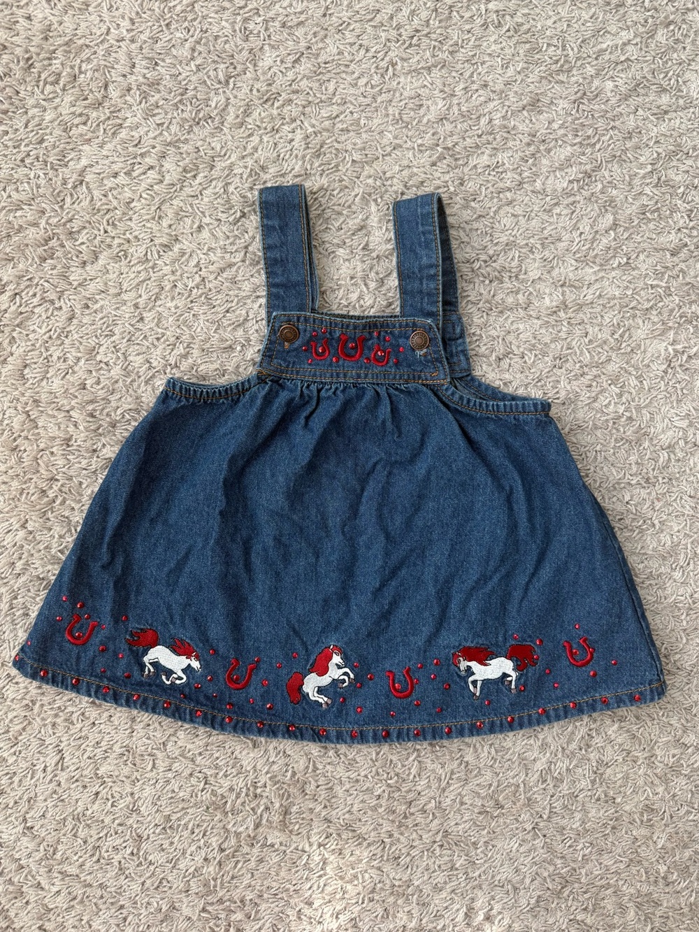 Baby Korral Denim Horse Embroidered Jumper Dress with Red Studs